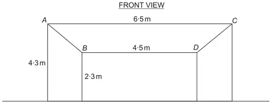 FRONT VIEW: outer verticals at A and C of height 4·3 m, AC = 6·5 m; inner verticals at B and D of height 2·3 m, BD = 4·5 m