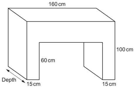 Fire surround: arch-shaped prism, overall width 160 cm, height 100 cm, opening height 60 cm, legs 15 cm wide, with the Depth marked