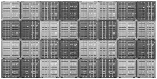 End view of a stack of shipping containers, 4 containers high and 8 containers wide