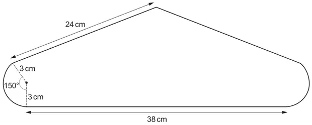 Hanger main part: two sloping straight sections of 24 cm meeting at the top, a straight base of 38 cm, and a curved arc at each end of radius 3 cm with angle 150° at the centre