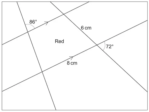 Rectangle crossed by two parallel lines (marked with arrows) and two other lines, enclosing a four-sided piece labelled Red; angle 86° marked at the top left, side 6 cm, angle 72° at the right, side 8 cm along the lower parallel line