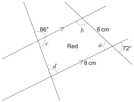 The red piece with extended lines: 86° outside the top-left corner with c the interior angle there, b the interior angle at the top-right corner, side 6 cm on the right, a the interior angle at the bottom-right corner with 72° vertically opposite it, side 8 cm along the bottom (parallel to the top side, arrows), d the interior angle at the bottom-left corner