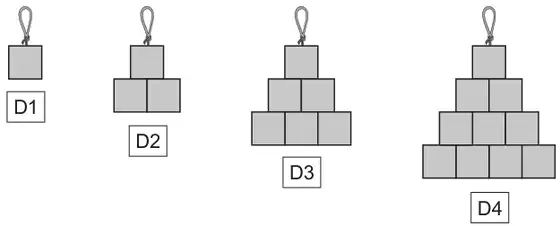 Decorations D1 to D4: hanging triangular stacks of squares; D1 is 1 square, D2 is 1 on 2, D3 is 1 on 2 on 3, D4 is 1 on 2 on 3 on 4