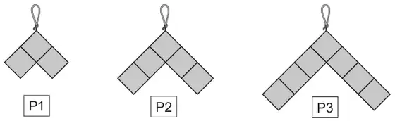 Patterns P1 to P3: hanging V shapes of squares set diagonally; P1 has 3 squares (1 at the top and 1 on each arm), P2 has 5 squares (2 on each arm), P3 has 7 squares (3 on each arm)