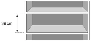 Shelves with the vertical height between two shelves labelled 39 cm