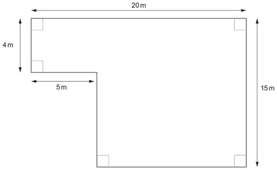 Plan of the base: an L-shape, 20 m across the top and 15 m down the right side; on the left a 4 m high strip, with a 5 m wide section cut away below it; all corners right angles