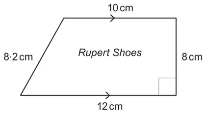 Trapezium label marked Rupert Shoes: parallel sides 10 cm (top) and 12 cm (bottom), perpendicular side 8 cm, sloping side 8.2 cm