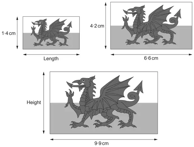 Three similar Welsh flag rectangles: the smallest has height 1·4 cm and an unknown Length; the middle one has height 4·2 cm and length 6·6 cm; the largest has an unknown Height and length 9·9 cm