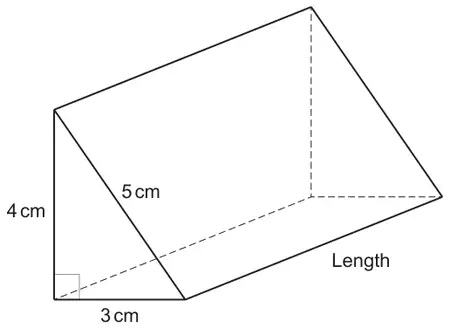 Triangular prism with a right-angled triangular cross-section: vertical side 4 cm, base 3 cm, sloping side 5 cm; the prism edge is labelled Length