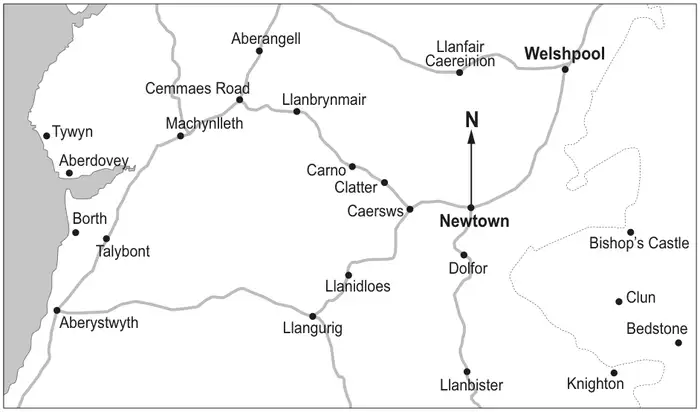 Map of part of mid Wales with a North arrow at Newtown. Places shown include Welshpool, Llanfair Caereinion, Aberangell, Cemmaes Road, Llanbrynmair, Machynlleth, Tywyn, Aberdovey, Borth, Talybont, Aberystwyth, Carno, Clatter, Caersws, Llanidloes, Llangurig, Dolfor, Llanbister, Bishop’s Castle, Clun, Bedstone and Knighton, joined by roads