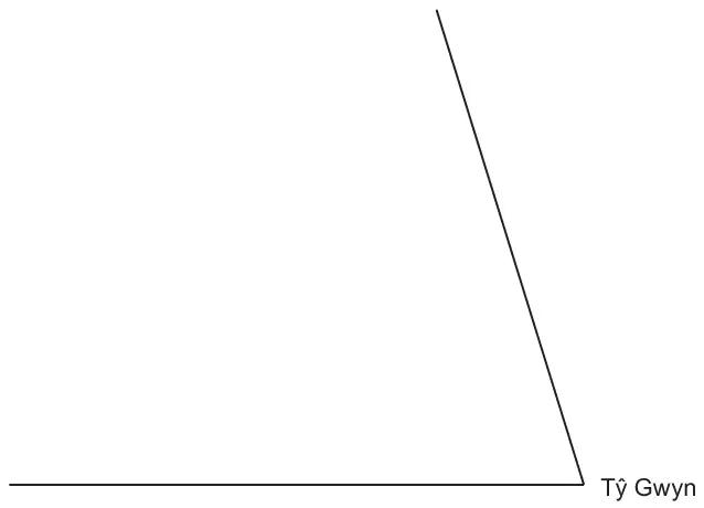 Scale drawing: two lines meeting at Tŷ Gwyn, one horizontal and one going up to the left