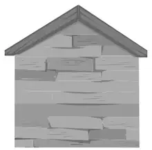 Picture of the front of a mountain hut: a rectangular wall made of stone slabs with a triangular pitched roof