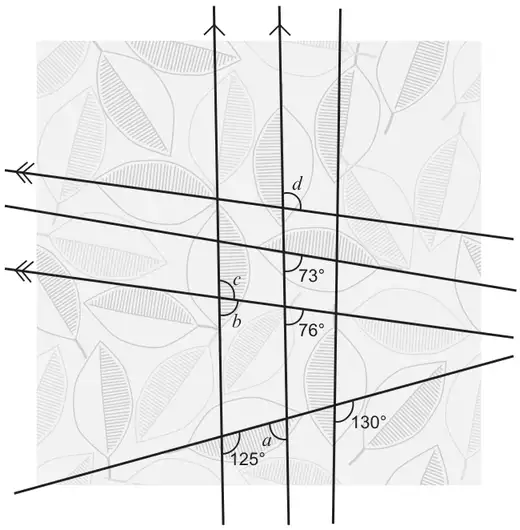 Lines drawn over a leaf-pattern wallpaper: three nearly vertical lines, the left two marked parallel with single arrows; three nearly horizontal lines falling to the right, the top and third marked parallel with double arrows; and one line rising to the right near the bottom. Angles marked 73°, 76°, 130°, 125° and unknown angles a, b, c and d