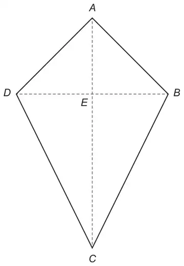 Kite ABCD with diagonals AC and DB (dashed) meeting at E