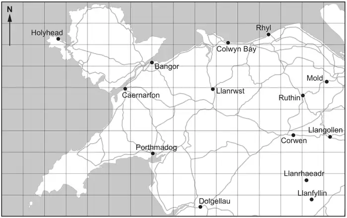 Map of part of North Wales on a square grid with a north arrow, showing Holyhead, Bangor, Caernarfon, Colwyn Bay, Rhyl, Llanrwst, Mold, Ruthin, Corwen, Llangollen, Porthmadog, Dolgellau, Llanrhaeadr and Llanfyllin