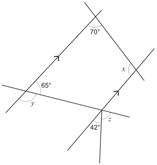 Plan of runways: two parallel lines (arrows) crossed by other lines, with angles 70°, 65° and 42° marked and missing angles x, y and z