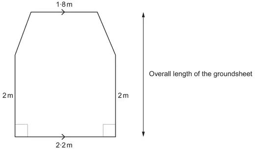 Groundsheet: a rectangle 2·2 m wide with sides 2 m, topped by a trapezium with parallel top side 1·8 m; an arrow shows the overall length
