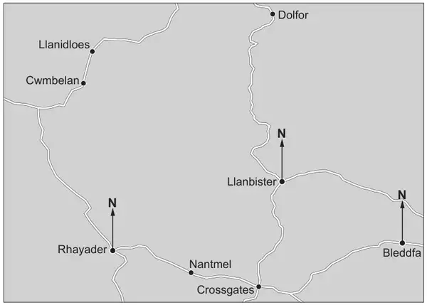 Map showing Llanidloes, Cwmbelan, Dolfor, Llanbister, Rhayader, Nantmel, Crossgates and Bleddfa, with north lines at Rhayader, Llanbister and Bleddfa