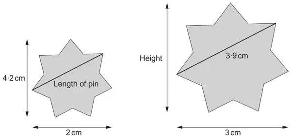 Two similar star badges: smaller badge height 4.2 cm, width 2 cm, pin labelled Length of pin; larger badge width 3 cm, height labelled Height, pin 3.9 cm