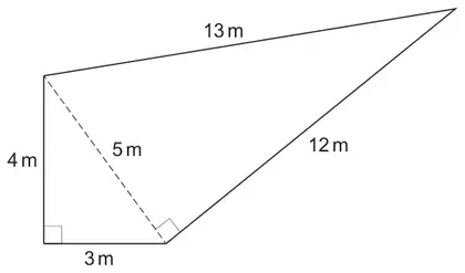 Plan of the garden: right-angled triangle with legs 4 m and 3 m and hypotenuse 5 m (dashed), joined along the 5 m side to a second right-angled triangle with sides 5 m and 12 m and hypotenuse 13 m