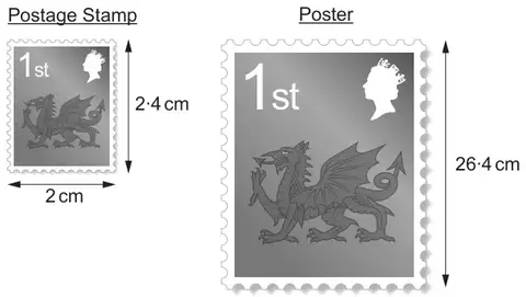 Postage Stamp 2 cm wide and 2.4 cm high; Poster, mathematically similar, 26.4 cm high