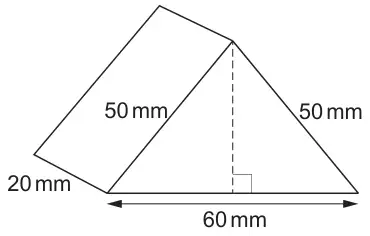 Triangular prism of length 20 mm; isosceles triangle cross-section with sloping sides 50 mm and base 60 mm, perpendicular height shown dashed
