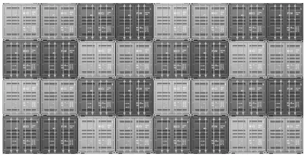 Photograph of the end view of a stack of shipping containers, 4 containers high and 8 containers wide