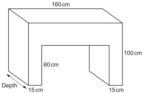 Fire surround shaped like an arch with a rectangular opening: overall width 160 cm, height 100 cm, opening height 60 cm, each leg 15 cm wide, depth marked