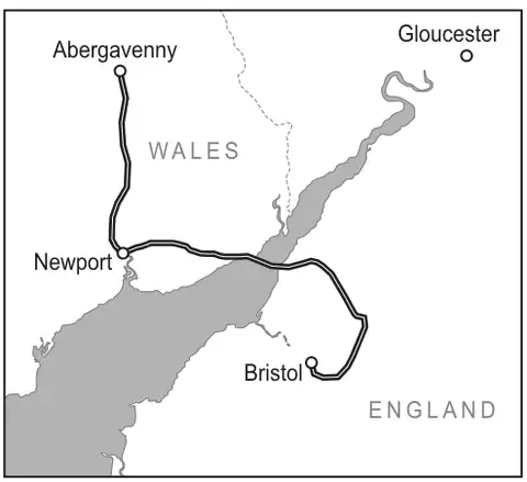 Map showing the route from Abergavenny to Newport and then to Bristol, with Gloucester also marked