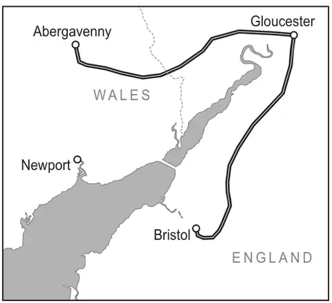Alternative Route: map showing the route from Abergavenny to Gloucester and then to Bristol