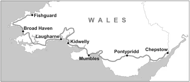 Map of south Wales showing the Celtic Trail through Fishguard, Broad Haven, Laugharne, Kidwelly, Mumbles, Pontypridd and Chepstow