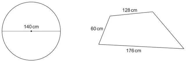 Circle with diameter 140 cm; quadrilateral with sides 128 cm, 60 cm and 176 cm marked and the fourth side unlabelled