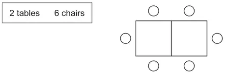 Box labelled 2 tables, 6 chairs, next to two square tables joined in a line with two chairs above, two chairs below and one chair at each end