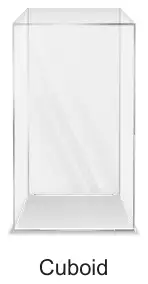 Photograph of a glass vase in the shape of a cuboid, labelled Cuboid