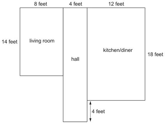 Floor plan made of three rectangles side by side along the top: living room 8 feet wide and 14 feet long, hall 4 feet wide, kitchen/diner 12 feet wide and 18 feet long; the hall extends 4 feet below the bottom of the kitchen/diner