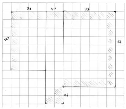 Mark scheme drawing on a 1 cm grid: living room 4 by 7 squares, hall 2 by 11 squares, kitchen/diner 6 by 9 squares, labelled 8ft, 4ft, 12ft, 14ft, 18ft and 4ft