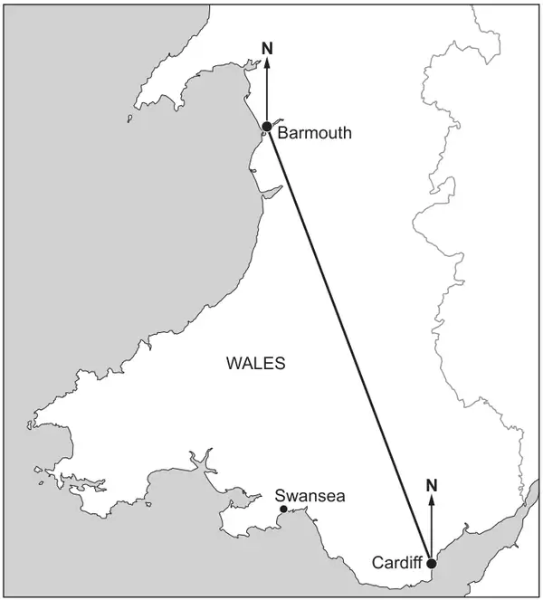 Map of Wales showing Barmouth on the west coast and Cardiff on the south coast, joined by a straight line, with a North arrow at each town; Swansea is also marked