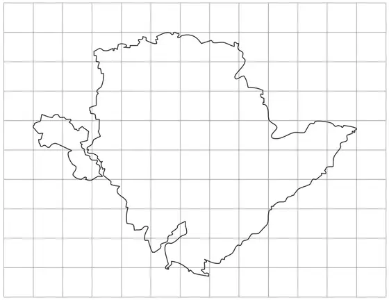 Outline map of Anglesey drawn on a square grid of 13 by 10 squares