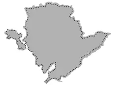 Shaded outline of Anglesey with the coastal path shown as a dotted line around the edge
