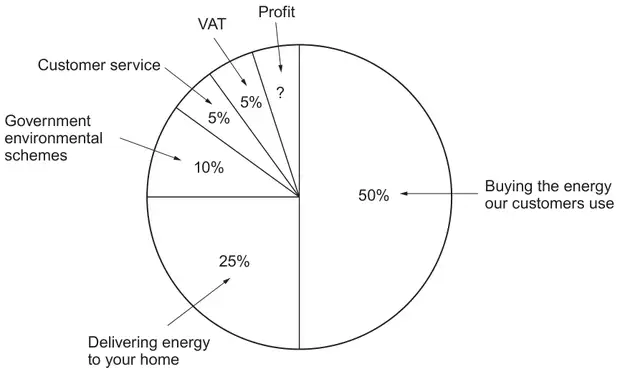 Pie chart: Buying the energy our customers use 50%, Delivering energy to your home 25%, Government environmental schemes 10%, Customer service 5%, VAT 5%, Profit ?