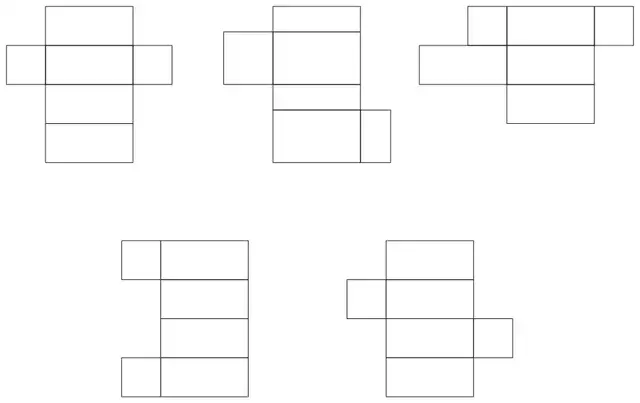 Five nets made of rectangles, three in the top row and two in the bottom row