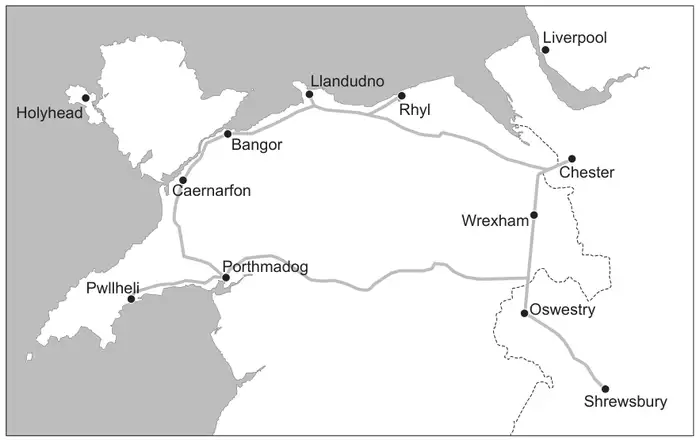 Map of north Wales showing Holyhead, Bangor, Caernarfon, Llandudno, Rhyl, Pwllheli, Porthmadog, Liverpool, Chester, Wrexham, Oswestry and Shrewsbury, with roads
