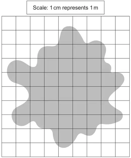 Scale: 1 cm represents 1 m. An irregular blob-shaped design shaded on a 9 by 10 square grid