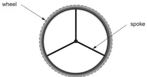 Sketch of a wheel with three straight spokes from the centre, equally spaced; labels wheel and spoke