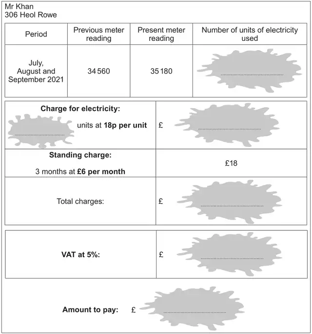 Electricity bill for Mr Khan, 306 Heol Rowe. Period: July, August and September 2021; previous meter reading 34 560; present meter reading 35 180; number of units of electricity used: covered by a coffee splash. Charge for electricity: (splash) units at 18p per unit, £ (splash). Standing charge: 3 months at £6 per month, £18. Total charges: £ (splash). VAT at 5%: £ (splash). Amount to pay: £ (splash)