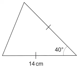 Sketch of an isosceles triangle: base 14 cm, angle 40° at the right-hand end of the base, the base and the right-hand side marked equal