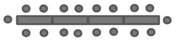 Four tables in a row joined at their shorter sides, with 8 chairs along each long edge and 1 chair at each end