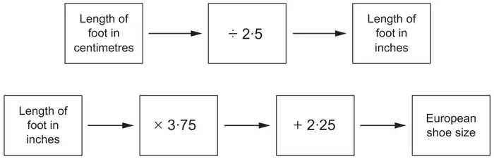 Two flow diagrams. First: Length of foot in centimetres, arrow to box divide by 2.5, arrow to Length of foot in inches. Second: Length of foot in inches, arrow to box times 3.75, arrow to box plus 2.25, arrow to European shoe size