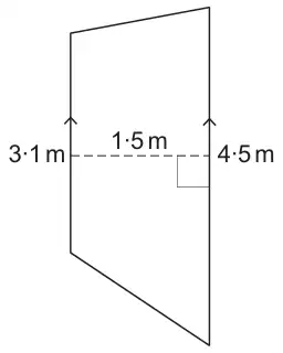 Trapezium with two vertical parallel sides of 3.1 m and 4.5 m, and a perpendicular distance of 1.5 m between them, shown by a dashed line with a right-angle mark