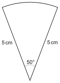 A sector of a circle with two radii of 5 cm and an angle of 50 degrees at the centre